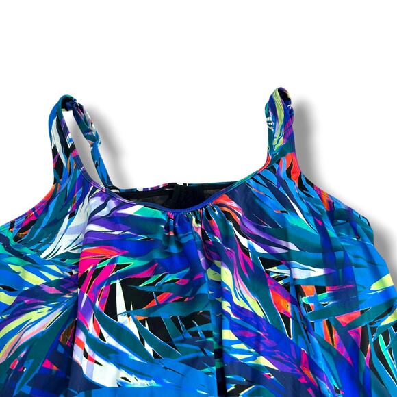NWT Swim Solutions Blue Blouson Tankini Top SZ 22W Loose Fit Underwire Tropical - Picture 6 of 10